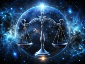 Libra Zodiasc Sign - A dark ness holding ethereal scales under a moonlit sky with zodiac symbols.