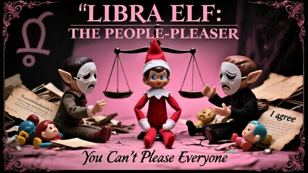 Libra Elf on the Shelf people pleaser scenario with masks mediating harmony self erasure