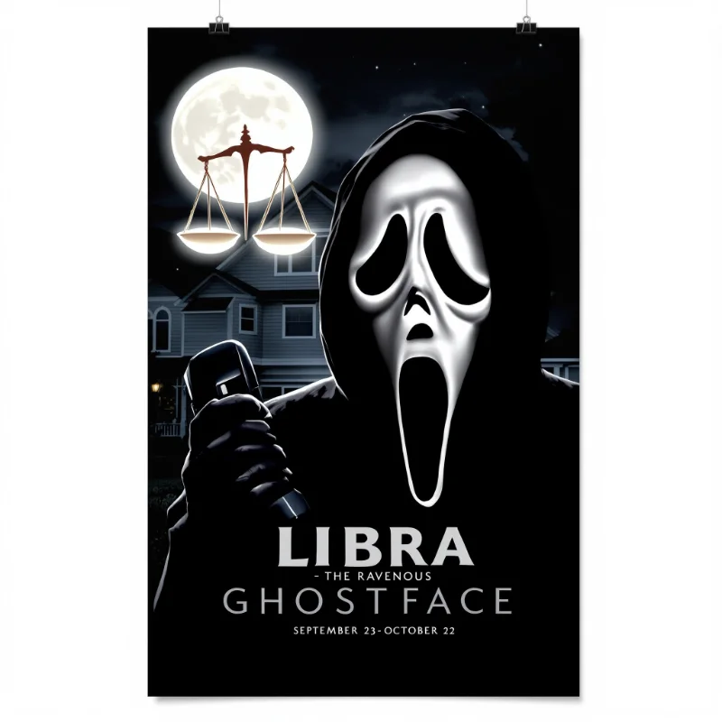 Libra zodiac sign as Ghostface from Scream - The Ravenous horror killer with scales symbol and iconic white mask
