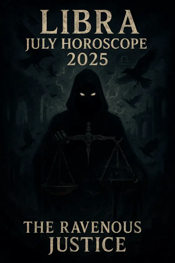 Libra July Horoscope 2025 featuring a dark, shadowy figure holding imbalanced scales, surrounded by ominous, chaotic forces.