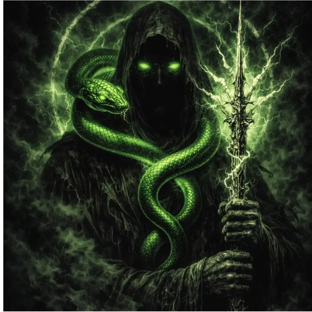Serpent‑bearing shadow figure with glowing eyes and a coiling spectral serpent, symbolizing Ophiuchus the Lost 13th Sign.