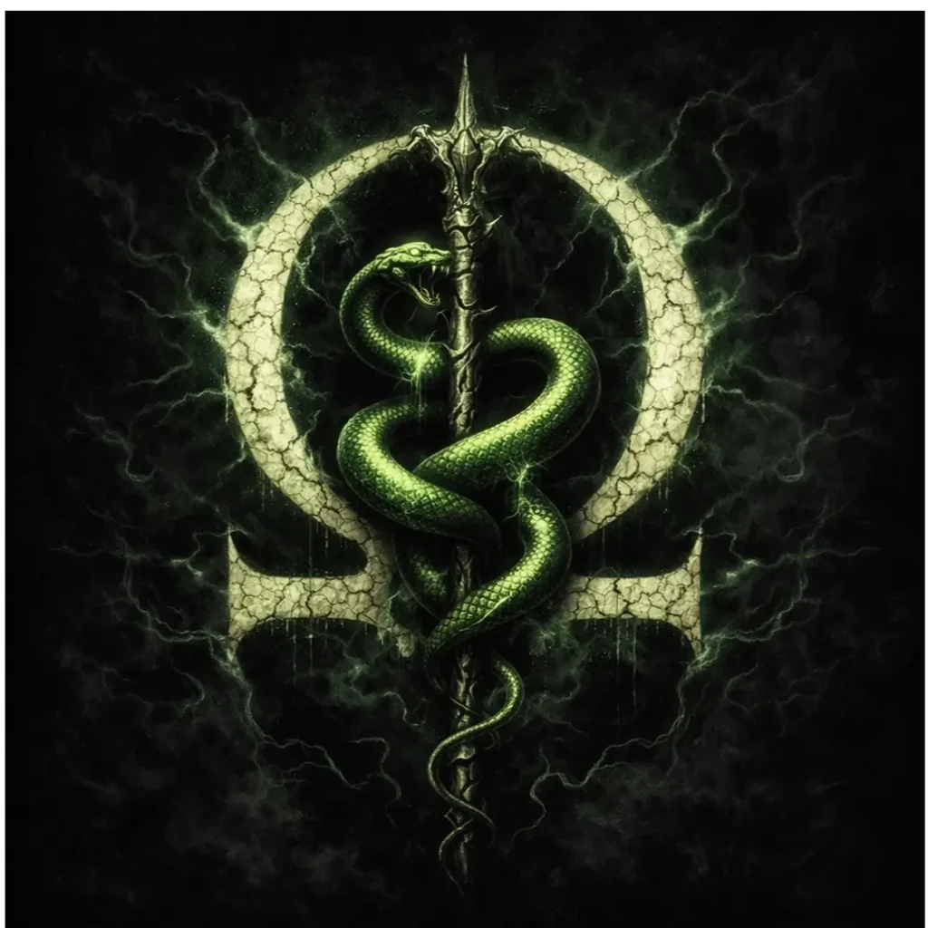 Corrupted Ophiuchus sigil with a serpent coiled around a fractured staff glowing venom‑green and bone‑white.