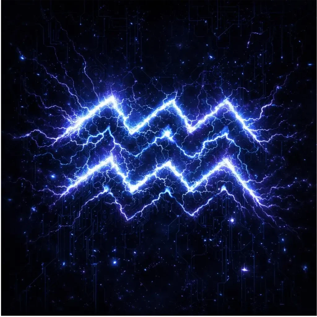 Corrupted Aquarius sigil with jagged electrified waves glowing neon-blue and ultraviolet.