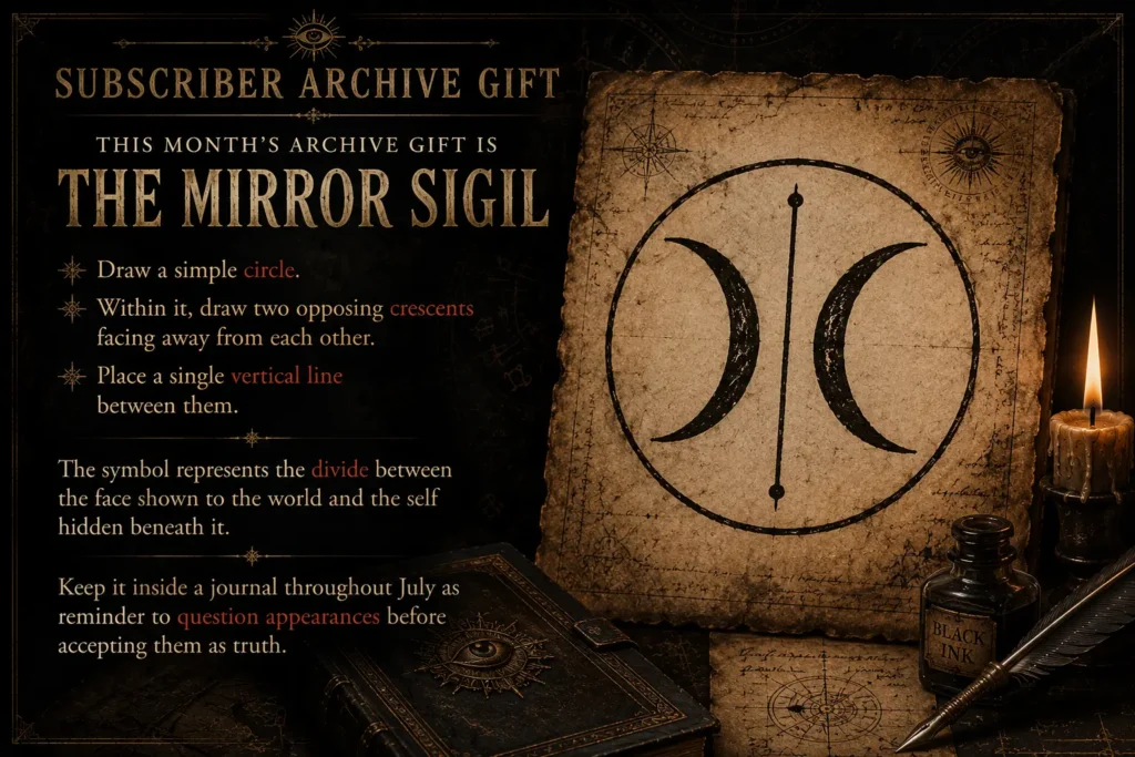 Illustration of the Mirror Sigil on an aged parchment surrounded by occult books, candlelight and mystical artefacts, showing the subscriber archive gift for the July 2026 Horrorscopes Transmission.