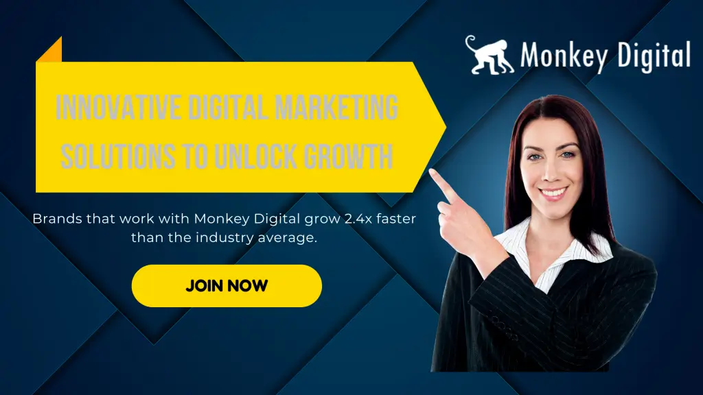 Monkey digital banner showing business woman announcing business marketing solutions to grow your business