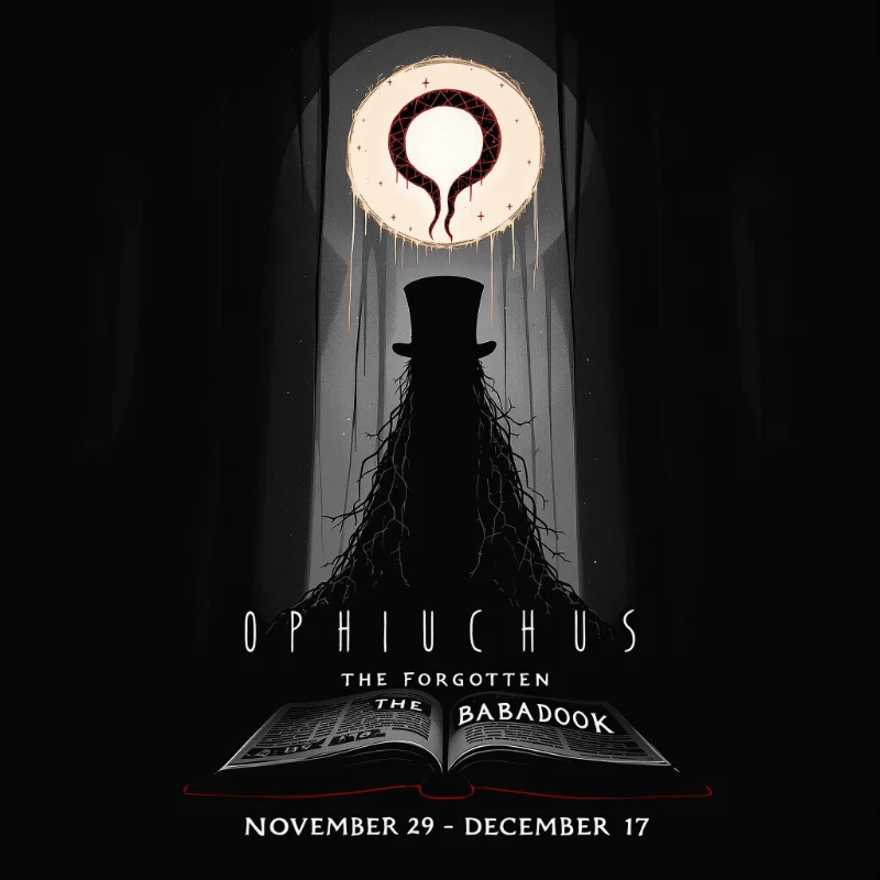 Ophiuchus 13th zodiac sign as The Babadook - The Forgotten horror character with serpent bearer symbol and shadow imagery