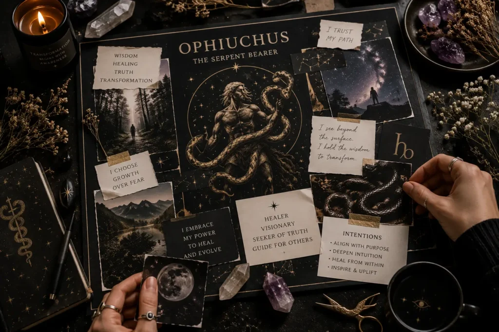 Landscape flat lay of hands creating an Ophiuchus vision board with serpent imagery, affirmation cards, crystals, candles, celestial artwork, and inspirational notes symbolizing wisdom, healing, intuition, and personal transformation.