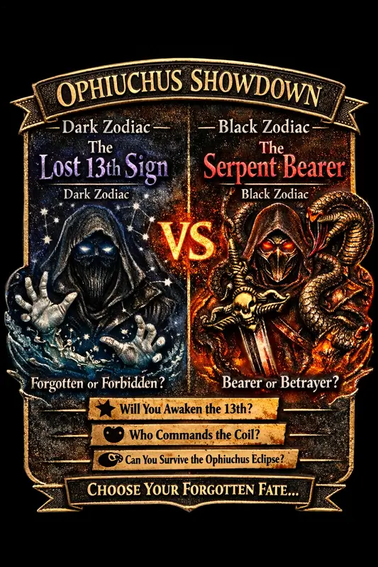 Zodiac Showdown - Ophiuchus pin showing a hooded cosmic figure facing a warrior wrapped in a serpent.