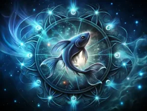 Pisces Zodiac Sign with a spectral fish swimming through dark oceans of dreamstuff, haunted by echoes.