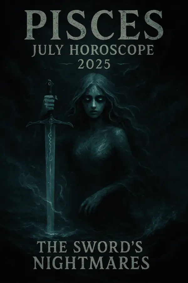 Pisces featuring a ghostly figure holding a glowing sword, set against a stormy sea, symbolizing Pisces’ emotional depths and transformative journey.