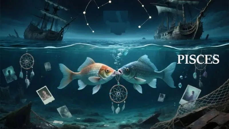 A dark astrology landscape featuring two fish swimming in opposite directions, bound together but drowning in an endless ocean where reality and fantasy have completely merged. Beautiful dream sequences dissolve into nightmares. The water contains floating memories, half-real visions, and dissolved sense of self. Sunken ships of abandoned realities rest on the ocean floor. Dream catchers become underwater traps. Ethereal turquoise, dreamy aquamarine, deep ocean purples, delusional pastels, and bioluminescent depths with Neptune's mirage symbols illustrate the Pisces theme of drowning in escapism and terror of losing all boundaries including self-preservation.