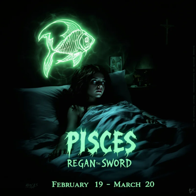 Pisces zodiac sign as Regan MacNeil from The Exorcist - The Sword horror character with fish symbol and possession imagery