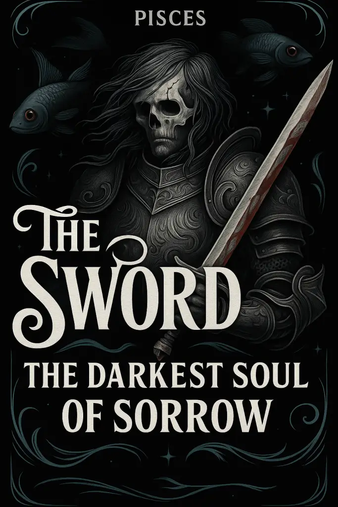 Darkest Soul - Dark fantasy illustration of Pisces as The Sword, showing a sorrowful, spectral figure wielding a glowing blade, embodying emotional torment and sacrifice.