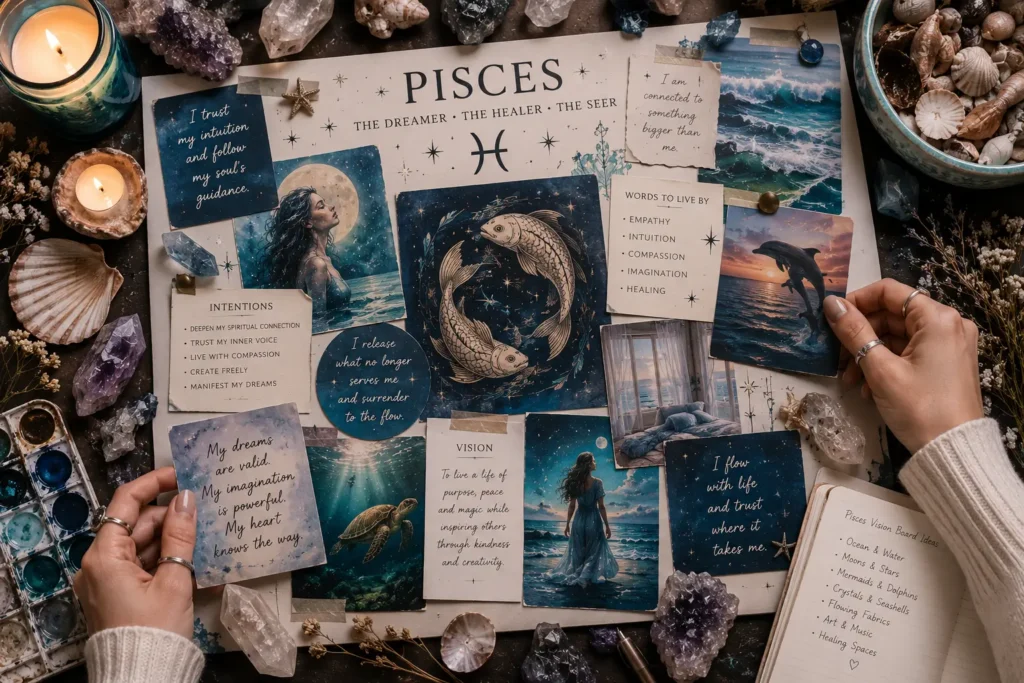 Landscape image of hands creating a Pisces vision board with ocean photos, fish symbolism, affirmations, crystals, seashells, candles, and dreamy celestial artwork representing intuition, creativity, healing, and manifestation.