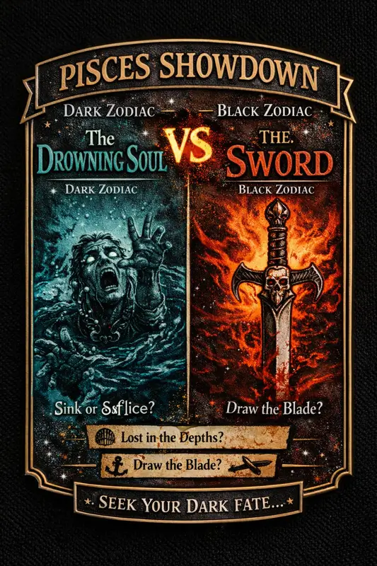 Zodiac Showdown - Pisces pin showing a drowning figure on one side and a flaming sword on the other.