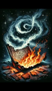 A burning spell circle in a ruined cathedral as meteors fall outside.