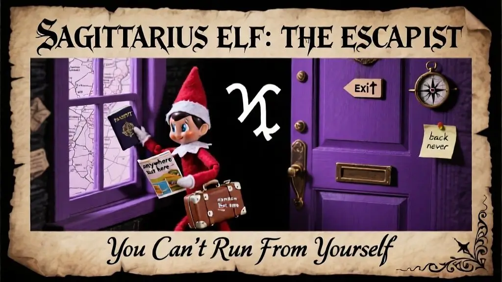 Sagittarius Elf on the Shelf escapist scenario with suitcase passport escape fleeing commitment