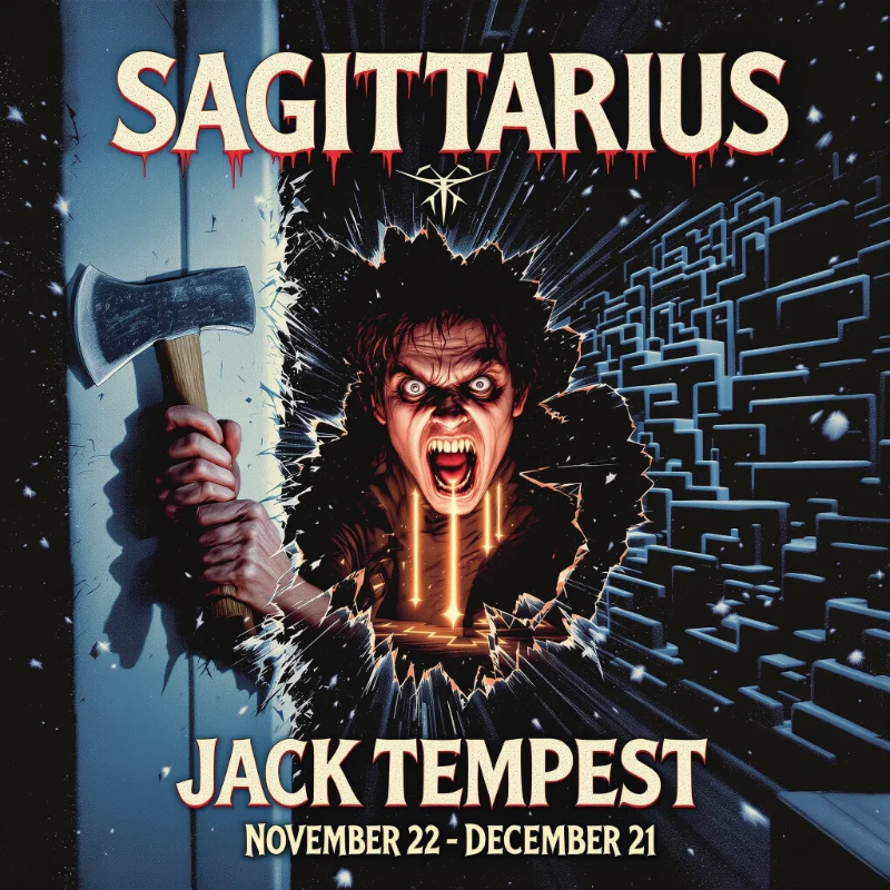 Sagittarius zodiac sign as Jack Torrance from The Shining - The Tempest horror character with archer symbol and Overlook Hotel background