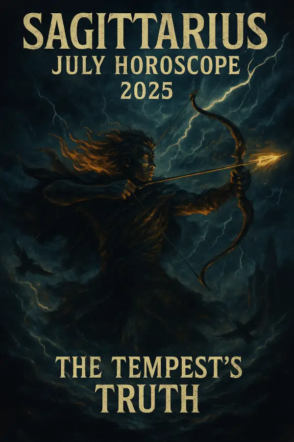Sagittarius July Horoscope 2025 featuring a fiery archer aiming at a stormy sky, symbolizing Sagittarius' relentless pursuit of truth.