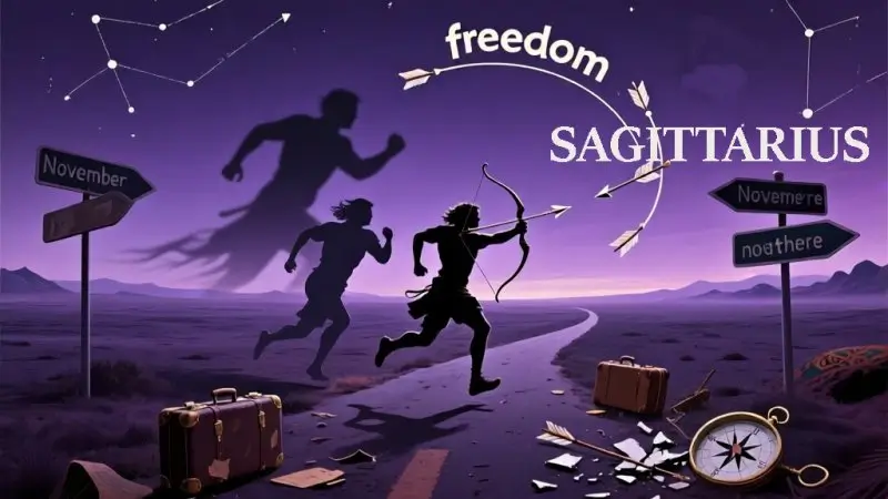 A dark astrology landscape showing an archer running endlessly across a vast empty landscape toward distant horizons that keep receding. Arrows shot toward freedom curve back like boomerangs. A shadow version of the figure keeps perfect pace behind—the self they're fleeing from. Abandoned suitcases, unfinished journeys, and broken compasses litter the path with road signs pointing everywhere leading nowhere. Adventure purples, restless deep blues, and distant horizon golds fading to gray capture the Sagittarius theme of running from self and truth avoidance disguised as adventure.