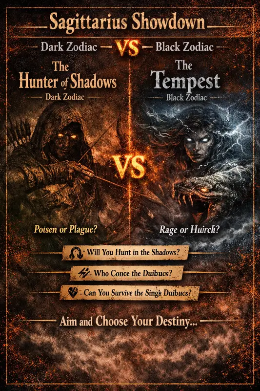 Zodiac Showdown - Sagittarius pin with the Hunter of Shadows aiming at the raging Tempest.