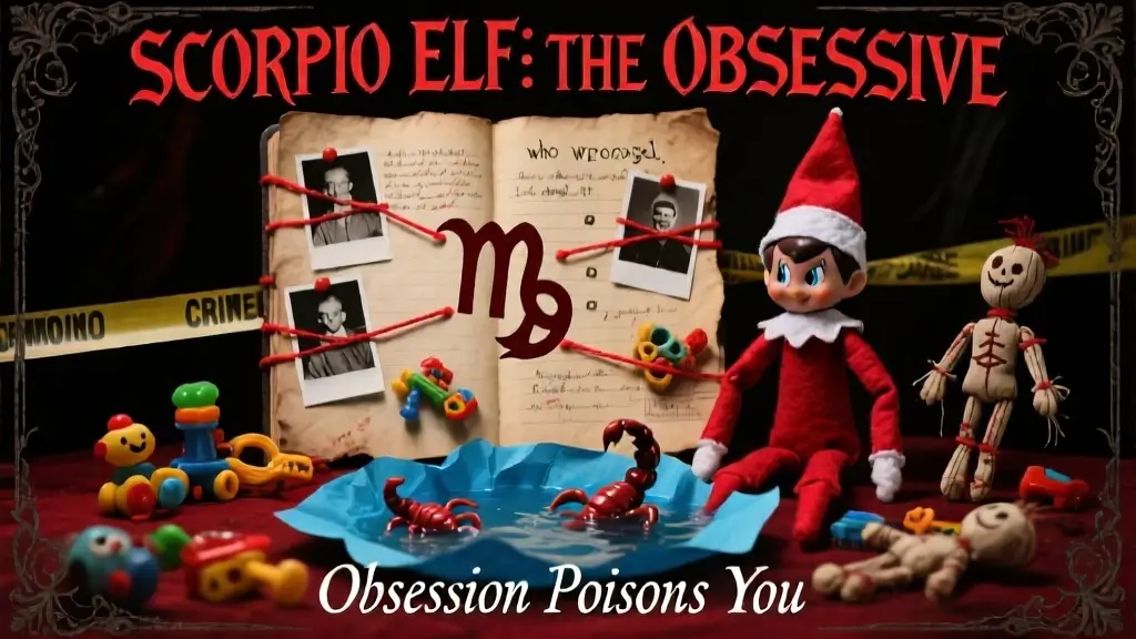 Scorpio Elf on the Shelf obsessive scenario with conspiracy board red string revenge grudge journal