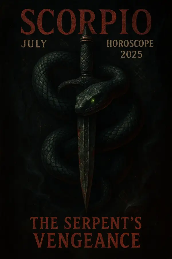Scorpio July Horoscope 2025 featuring a coiled serpent around a dagger, glowing with a haunting energy, symbolizing Scorpio's intense power.