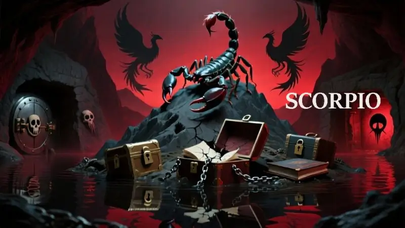 A dark astrology image featuring a scorpion atop a mountain of buried secrets, its stinger poised to strike, surrounded by locked boxes, sealed vaults, and chained journals—one box cracking open revealing repressed truth. Underground caves show truths clawing to the surface as dark water rises reflecting drowned memories. Pluto's symbols appear as shadow phoenixes. Deep crimsons, blood reds, obsidian blacks, toxic purples, and dark shimmer under November's heavy transformation moon illustrate the Scorpio theme of self-kept secrets and inevitability of confronting what you've buried in yourself.