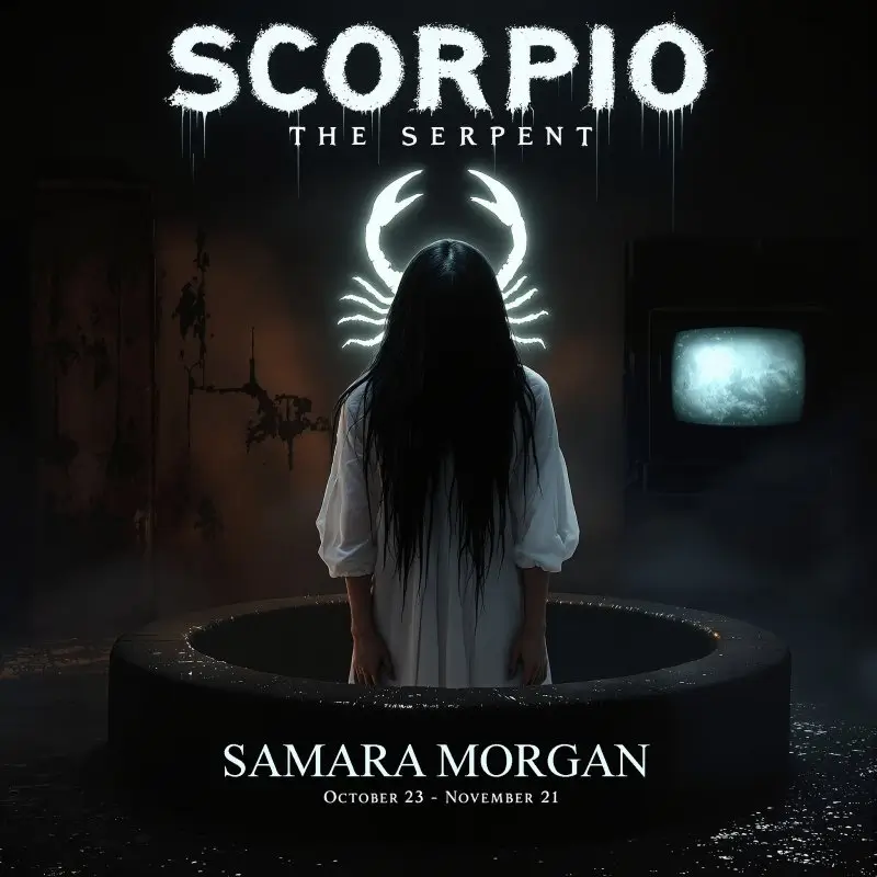 Scorpio zodiac sign as Samara Morgan from The Ring - The Serpent horror character with scorpion symbol and well imagery