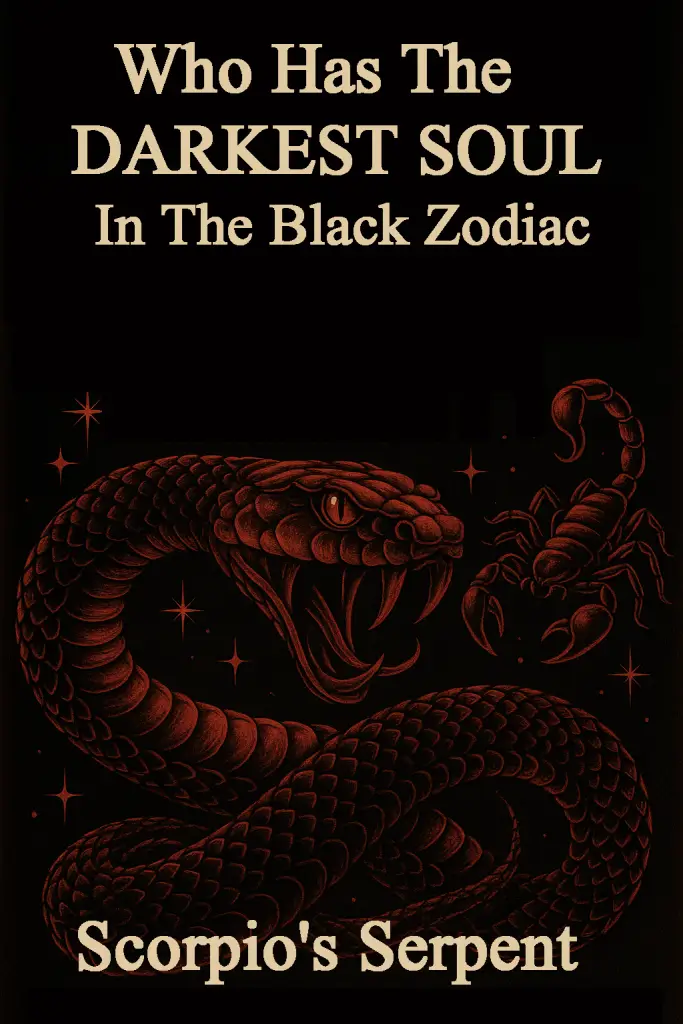 Dark occult illustration of Scorpio as The Serpent, a ghostly figure with a scorpion companion and glowing red stinger, evoking secrecy, venom, and transformation.