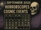 Vintage-style September calendar 2025 featuring horror-themed artwork with skull, Saturn, and Scorpio constellation, highlighting cosmic events and eerie design elements.