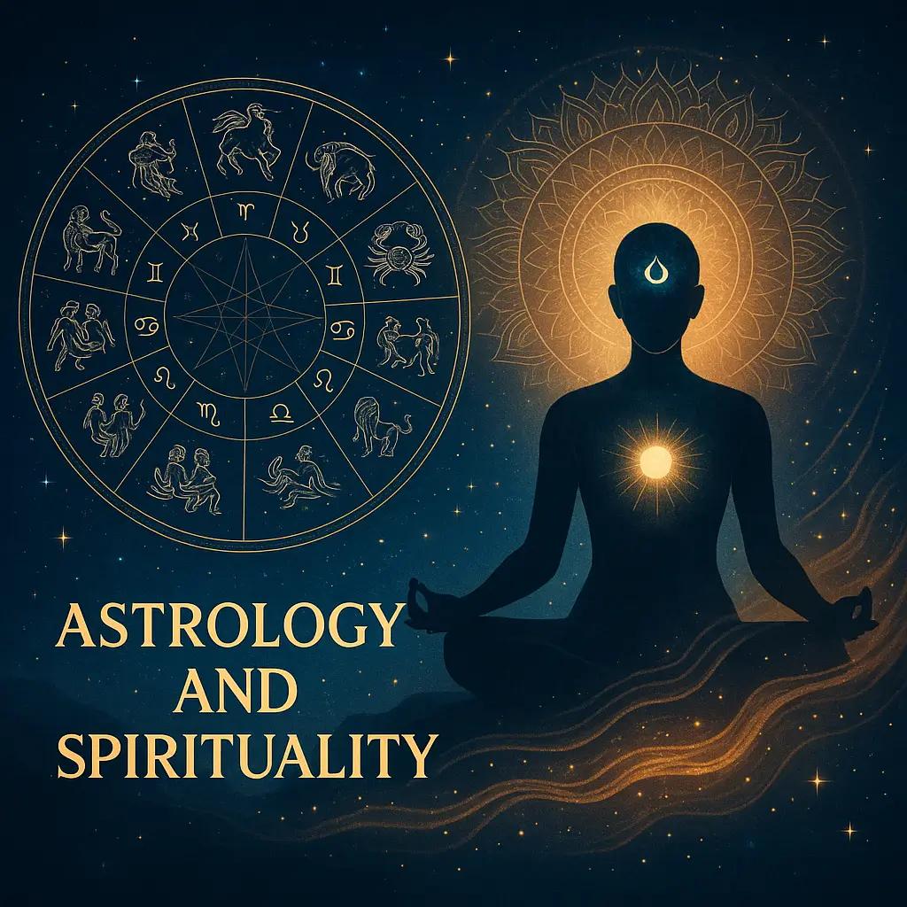 Illustration showing the connection between astrology and spirituality, with a glowing zodiac chart and a meditative human figure under a star-filled cosmic sky.