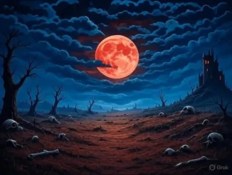 strawberry moon in a cloudy sky
