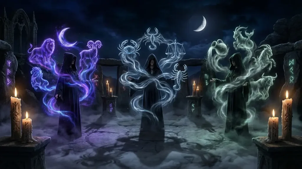 Dark fantasy illustration representing Sun Sign vs Moon Sign vs Rising Sign with three glowing celestial wheels surrounding a hooded figure beneath a star-filled sky.