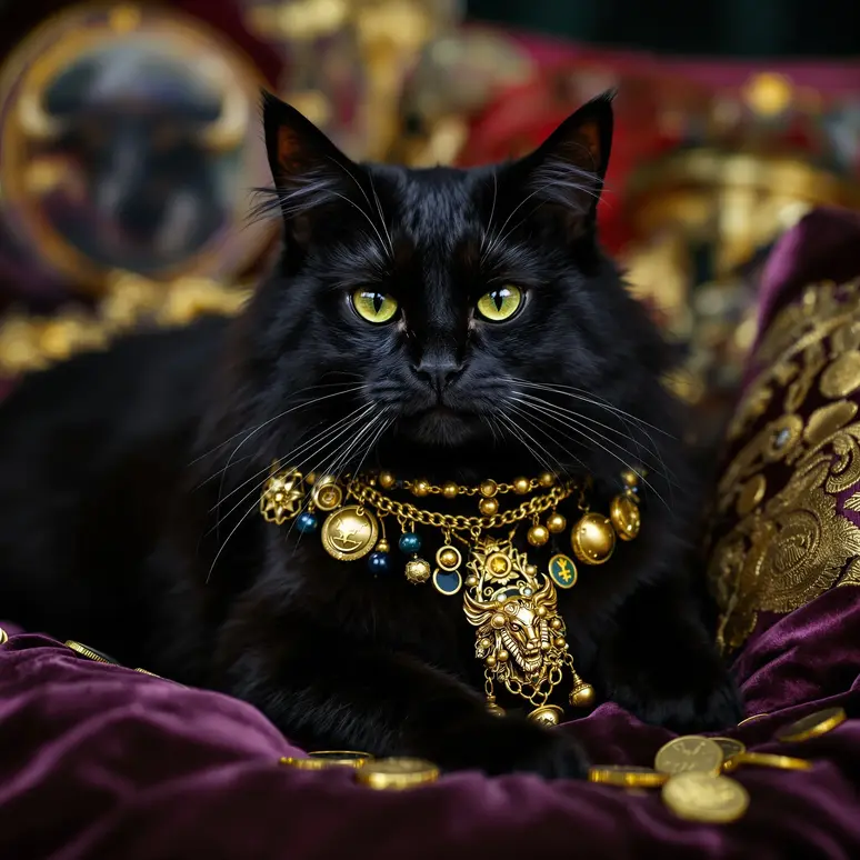 The Fallen Demon Taurus black cat adorned with gold treasures and luxurious accessories