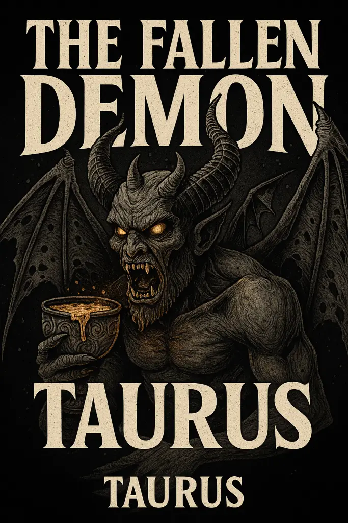 Gothic digital illustration of Taurus as The Fallen Demon, a horned and winged figure surrounded by molten gold, representing corrupted desire and possessive hunger.