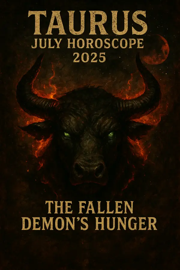 Taurus July Horoscope 2025 featuring a demonic bull's head with glowing eyes, symbolizing intense material desires.