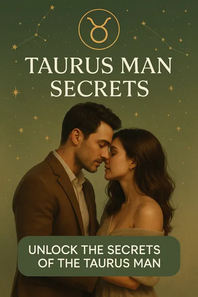 Zodiac Man Secrets - Romantic couple in a grounded embrace under golden stars, symbolizing the sensual loyalty of a Taurus man in love.
