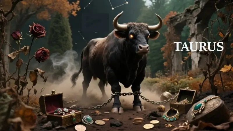 A November Horoscope Secrets image depicting a powerful bull standing in a crumbling garden of dead roses and withered vines, surrounded by material possessions—ancient treasures, jewelry, and coins—turning to dust and ash. Chains wrap around the bull's hooves symbolizing self-imposed bondage to material attachment. Earthy browns, deep forest greens, and rich soil tones mixed with decay under a dark November sky illustrate the Taurus theme of ownership illusion and inevitable loss.