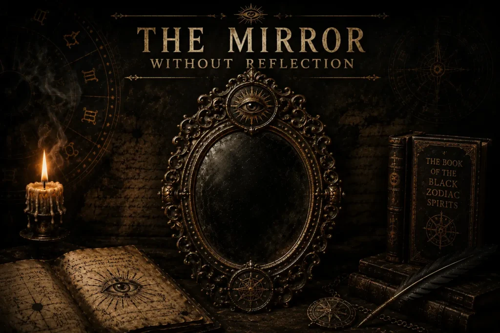 An ornate gothic mirror with no reflection, surrounded by occult books, candlelight, zodiac symbols and ancient manuscripts, illustrating the Hidden Symbol known as The Mirror Without Reflection.