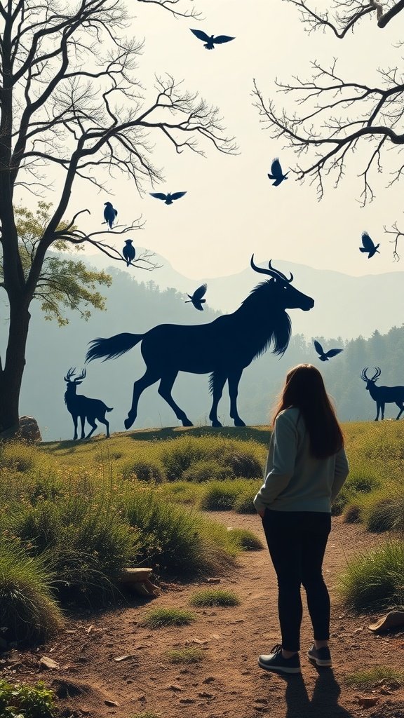 A person standing in a grassy area, gazing at large silhouettes of animals and birds in a tranquil landscape.