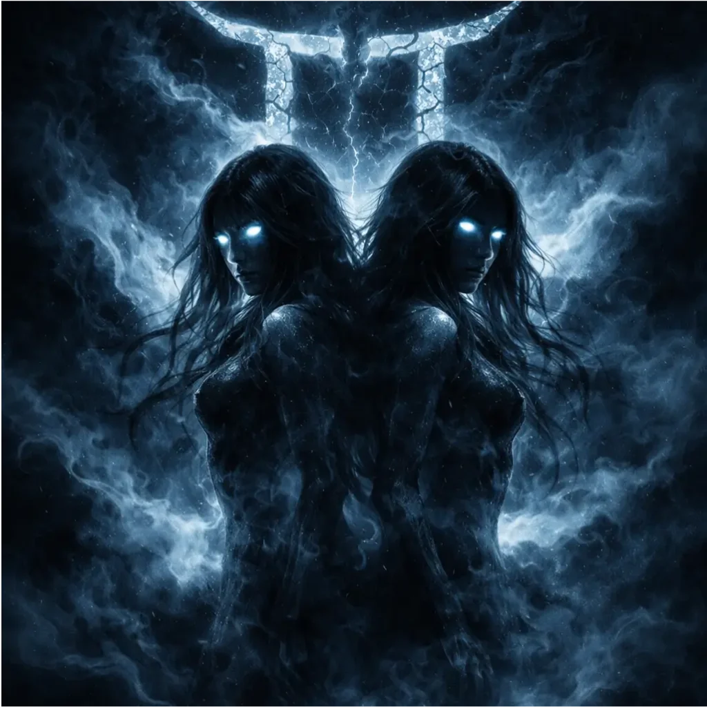 Shadowy twin figures with glowing eyes and mirrored poses emerging from darkness, symbolizing the Twisted Twins of the Dark Zodiac Gemini.