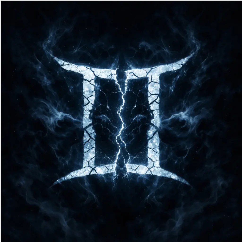 Twisted Twins Dark Zodiac Gemini: Corrupted Gemini sigil split into mirrored halves, glowing with cold blue‑white energy and surrounded by smoke, representing the Twisted Twins of the Dark Zodiac.