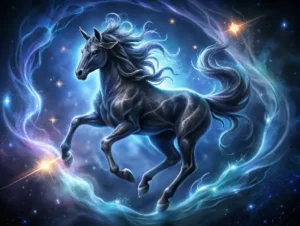 the virgo zodiac sign represented by the horse galloping through the blue galaxy