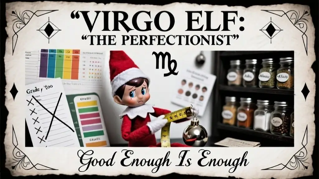 Virgo Elf on the Shelf perfectionist scenario with measuring tape checklists grade cards critical