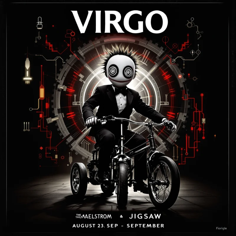 Virgo horror movie characters: Jigsaw from Saw - The Maelstrom horror villain with maiden symbol and mechanical trap imagery