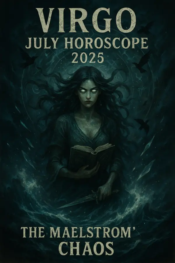 Virgo July Horoscope 2025 featuring an ethereal figure caught in a swirling storm, symbolizing inner chaos and control.