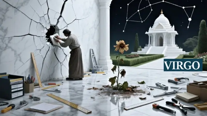 A dark astrology landscape depicting a pristine white temple of perfection cracking from within, with fault lines spreading across marble floors and walls. A figure meticulously attempts to repair cracks while more appear faster. Obsessive organizing tools—rulers, measuring instruments, cataloging systems—scatter in increasing chaos. A perfectly maintained garden shows one wilting flower spreading decay. Clinical whites, sterile silvers, and cold grays with creeping dark purple and black shadows illustrate the Virgo theme of control illusion and perfectionism's inevitable failure.