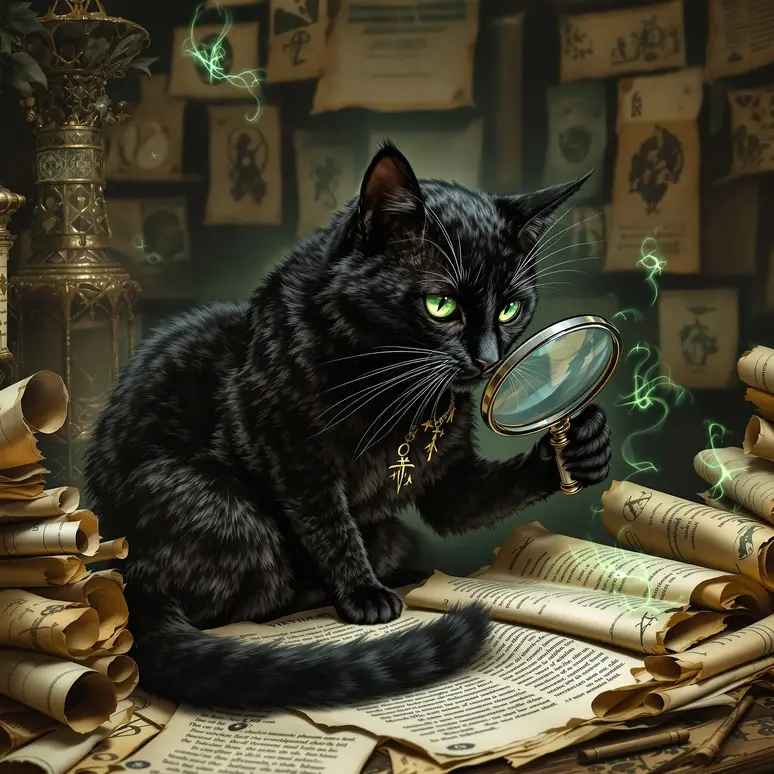 The Ravenous Virgo black cat with perfectionist analytical energy and magnifying glass