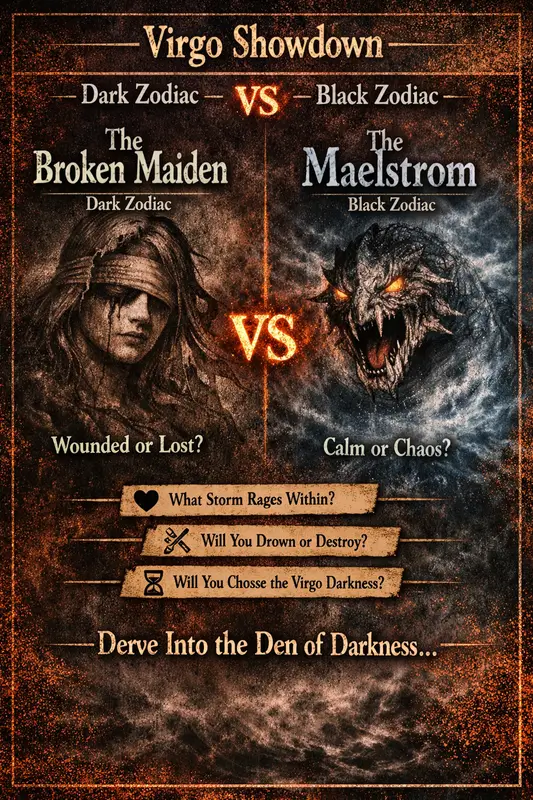 zodiac showdown - Virgo pin showing the Broken Maiden facing the Maelstrom